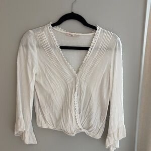 miami White V-Neck Pintuck Lace Trim Blouse